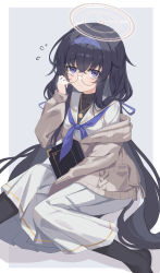 Rule 34 | 1girl, black hair, black legwear, blue archive, book, full body, glasses, hair ornament, hairband, hand up, highres, long hair, looking at viewer, low twintails, sailor collar, school uniform, serika, shy, simple background, sitting, solo, twintails, ui (blue archive)