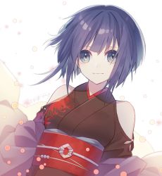 Rule 34 | 1girl, bare shoulders, blue eyes, blue hair, bob cut, haizome senri, hasedou (oshiro project), highres, japanese clothes, kimono, looking at viewer, obi, oshiro project:re, oshiro project:re, sash, short hair, simple background, smile, solo, upper body, white background