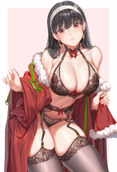 Rule 34 | 1girl, alternate costume, bare shoulders, bell, black bra, black choker, black garter belt, black hair, black panties, black thighhighs, blush, bow, bow bra, bowtie, bra, breasts, choker, christmas, cleavage, cowboy shot, earrings, fangxiang cuoluan, fishnets, fur trim, garter belt, gold earrings, green ribbon, hairband, halterneck, hat, highres, holding, holding clothes, holding hat, jewelry, lace, lace-trimmed thighhighs, lace choker, lace panties, large breasts, leaning forward, lingerie, long hair, long sleeves, looking at viewer, mini bowtie, navel, neck bell, off shoulder, open clothes, open robe, panties, parted lips, pink background, pom pom (clothes), red bow, red bowtie, red eyes, red robe, ribbon, robe, santa hat, sidelocks, simple background, solo, spy x family, stomach, sweatdrop, thighhighs, thighs, two-tone background, underwear, unworn hat, unworn headwear, white hairband, wide sleeves, yor briar