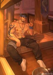 Rule 34 | 1boy, abs, arm tattoo, baimeme, bara, beard, black hair, blue headband, brucie (infighter821), commission, cross, cross necklace, dungeon and fighter, facial hair, facing viewer, full body, headband, highres, jewelry, large pectorals, leg belt, male focus, male priest (dungeon and fighter), mature male, muscular, muscular male, navel, navel hair, necklace, nipples, pectorals, second-party source, short hair, sitting, socks, solo, stomach, sunset, tattoo, thick eyebrows, thick thighs, thighs, topless male, v, white socks, wooden floor
