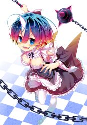 Rule 34 | absurdres, attack, ball and chain (weapon), blue eyes, blue hair, blush, commentary request, detached sleeves, frilled sleeves, frills, gradient hair, hair ornament, hair ribbon, highres, horns, koushin ryo, maid, multicolored hair, oni, oni horns, open mouth, pink hair, pink pupils, pink ribbon, purple ribbon, re:zero kara hajimeru isekai seikatsu, rem (re:zero), ribbon, ribbon-trimmed clothes, ribbon trim, sharp teeth, short hair, simple background, single horn, smile, spiked ball and chain, teeth, tile floor, tiles, x hair ornament