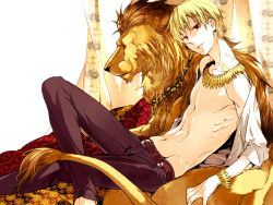 Rule 34 | 1boy, animal, belt, blonde hair, bracelet, fate/zero, fate (series), gilgamesh (fate), groin, jewelry, kuro (qqaid), lion, male focus, necklace, official alternate costume, red eyes, short hair, smile, solo, topless male