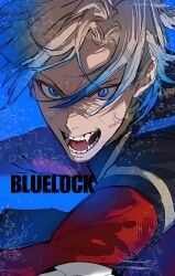 Rule 34 | 1boy, absurdres, anger vein, angry, blonde hair, blue background, blue eyes, blue hair, blue lock, blue shirt, bo toike57, fang, floating hair, highres, looking at viewer, male focus, michael kaiser, multicolored hair, open mouth, parted bangs, red sleeves, shirt, simple background, soccer uniform, solo, sportswear, streaked hair, sweatdrop, teeth, two-tone hair, upper body