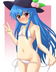 Rule 34 | 1girl, bikini, blue hair, blush, clothes pull, embarrassed, flat chest, food, fruit, full-face blush, hat, hinanawi tenshi, long hair, looking at viewer, navel, peach, pulling own clothes, red eyes, smile, solo, sweatdrop, swimsuit, teoi (good chaos), touhou, untied bikini, v, very long hair, white bikini