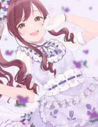 Rule 34 | 1girl, blue flower, blurry, blush, bow, breasts, brown eyes, brown hair, collar, dot nose, dress, dress bow, flower, flower wreath, frilled collar, frilled gloves, frills, fur-trimmed sleeves, fur trim, gloves, hair flower, hair ornament, hands up, highres, idolmaster, idolmaster shiny colors, long hair, looking at viewer, medium breasts, neck ribbon, open mouth, osaki amana, pachiko, petals, pink flower, polka dot, polka dot dress, purple background, purple dress, purple flower, purple ribbon, ribbon, see-through, see-through gloves, see-through ribbon, see-through sleeves, short sleeves, smile, solo, swept bangs, teeth, upper body, upper teeth only, white bow