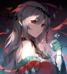 Rule 34 | 1girl, aqua gloves, arknights, ascot, bare shoulders, black ascot, breasts, commentary request, detached sleeves, dress, from side, gloves, grey hair, highres, long hair, looking at viewer, looking to the side, low-tied long hair, medium breasts, no headwear, red dress, red eyes, shusuzu, skadi (arknights), skadi the corrupting heart (arknights), solo, upper body