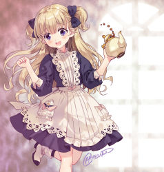 Rule 34 | 1girl, absurdres, apron, artist name, black bow, black dress, blonde hair, blush, boots, bow, carnelian, dress, emilico (shadows house), foot out of frame, grey apron, hair bow, highres, holding, holding teapot, leg lift, long hair, long sleeves, looking at viewer, open mouth, purple eyes, shadows house, solo, standing, tea, teapot, teeth, two side up, upper teeth only