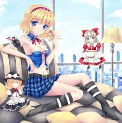 Rule 34 | 1girl, alice margatroid, alternate costume, armband, bare shoulders, bed, belt, blonde hair, blue eyes, blush, book, boots, bow, breasts, character doll, cleavage, cup, detached collar, doll, dress, female focus, fred0092, hair bow, hairband, hat, highres, kirisame marisa, lamp, long hair, looking at viewer, midriff, multiple girls, short hair, smile, solo, teacup, touhou, window