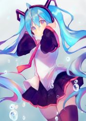 Rule 34 | 1girl, :o, absurdres, air bubble, black skirt, black thighhighs, blue hair, blush, bubble, commentary, cowboy shot, english commentary, grey shirt, hair between eyes, hands up, hatsune miku, headphones, highres, long hair, long sleeves, looking at viewer, mochii, necktie, parted lips, pleated skirt, red necktie, shirt, skirt, solo, standing, thighhighs, twintails, vocaloid, wide sleeves