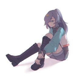 Rule 34 | 1girl, black hair, blue eyes, boots, casual, closed mouth, fu hua, hair ornament, hair over one eye, highres, honkai (series), honkai impact 3rd, jacket, long hair, long sleeves, looking down, shorts, simple background, sitting, smile, solo, velcozz, white background