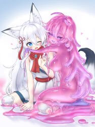 Rule 34 | 2girls, animal ears, blue eyes, blush, breasts, commission, curss, dissolving clothes, dress, fox ears, fox girl, fox tail, hair ornament, highres, large breasts, long hair, looking at viewer, medium breasts, monster girl, multiple girls, one eye closed, original, purple eyes, red scarf, scarf, skeb commission, slime girl, smoke, tail, thighhighs, white dress, white hair