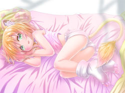 Rule 34 | 1boy, :3, animal ears, ass, blonde hair, blush, bulge, child, full body, green eyes, lion ears, lion tail, looking at viewer, lying, male focus, open mouth, original, renaoka, short hair, shorts, smile, socks, solo, tail, trap