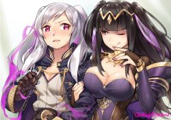 Rule 34 | 2girls, alternate costume, arm hug, aura, black hair, blush, breasts, bridal gauntlets, cleavage, coat, dress, drooling, fire emblem, fire emblem awakening, ge-b, gloves, glowing, glowing eyes, grima (fire emblem), large breasts, licking lips, looking at another, multiple girls, nail polish, nintendo, official alternate costume, one eye closed, possessed, purple dress, purple eyes, robin (female) (fire emblem), robin (fire emblem), saliva, silver hair, simple background, sweat, tharja (bridal) (fire emblem), tharja (fire emblem), tiara, tongue, tongue out, trembling, twintails, two side up, wizard, yuri
