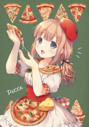 Rule 34 | 1girl, absurdres, apron, arm up, back bow, bell pepper, bell pepper slice, beret, blue eyes, blunt bangs, blush, bow, brown hair, cheese, cheese trail, collared dress, dress, food, food-themed clothes, food-themed hat, food as clothes, hat, highres, holding, holding food, italian flag print, kemamire, long hair, looking to the side, low twintails, mushroom, neckerchief, olive, open mouth, original, pepper, pepperoni, pizza, pizza slice, plaid, plaid bow, ribbon, short sleeves, shrimp, solo, striped ribbon, tomato, twintails, underbust, waist apron