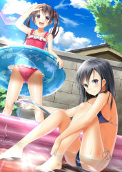Rule 34 | 2girls, :d, alexmaster, bare arms, bare shoulders, bikini, black eyes, black hair, blue one-piece swimsuit, blush, breasts, brown hair, casual one-piece swimsuit, cloud, collarbone, day, highres, holding, hose, innertube, long hair, looking at viewer, medium breasts, multiple girls, one-piece swimsuit, open mouth, original, outdoors, purple eyes, red one-piece swimsuit, short hair, side-tie bikini bottom, sitting, small breasts, smile, submerged, sunlight, swim ring, swimsuit, twintails, wading pool, water