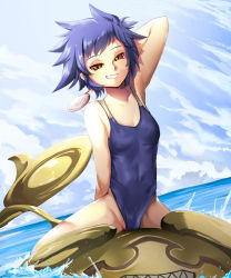 Rule 34 | 1girl, arm up, breasts, candy, cloud, d.gray-man, food, highres, holding, holding candy, holding food, holding lollipop, jinsai sa sa, lollipop, looking at viewer, one-piece swimsuit, road kamelot, short hair, smile, solo, swimsuit, water, wet