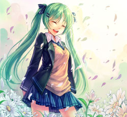 Rule 34 | 1girl, :d, ^ ^, closed eyes, floor, green hair, hatsune miku, long hair, maple, maple (maplehy), open mouth, petals, skirt, smile, solo, sweater, twintails, very long hair, vocaloid