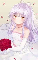 Rule 34 | 1girl, angel beats!, bouquet, bow, bridal gauntlets, bridal veil, closed mouth, commentary, dated, dress, elbow gloves, english commentary, flower, flower necklace, gloves, hair bow, highres, holding, holding bouquet, jewelry, long hair, looking at viewer, necklace, orange eyes, petals, purple hair, red flower, red rose, rose, signature, smile, solo, temachii, tenshi (angel beats!), veil, wedding dress, white dress, white gloves, yellow background