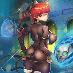 Rule 34 | 1girl, animal ears, ass, blue fire, blunt bangs, bow, braid, breasts, cat ears, cat tail, dress, fire, hair bow, highres, kaenbyou rin, long hair, long sleeves, looking back, multiple tails, nekomata, red eyes, red hair, skull, solo, sparkle, tail, touhou, twin braids, two tails, umigarasu (kitsune1963)