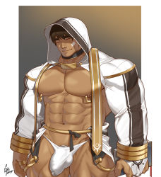 Rule 34 | 1boy, abs, artist name, bandaid, bandaid on face, bara, bible (object), black hair, bulge, character request, closed eyes, dark-skinned male, dark skin, feet out of frame, gomtang, hood, hooded jacket, jacket, jewelry, large pectorals, male focus, male underwear, manly, mature male, muscular, muscular male, navel, nipple piercing, nipples, open clothes, open jacket, original, pectorals, piercing, priest, ring, short hair, signature, simple background, smile, solo, thick arms, thick eyebrows, thick thighs, thighs, underwear