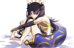 Rule 34 | 1girl, armlet, bikini, black hair, black thighhighs, bracelet, breasts, detached sleeves, earrings, fate/grand order, fate (series), gold trim, hair ribbon, heavenly boat maanna, hoop earrings, ishtar (fate), jewelry, knees up, legs, long hair, looking at viewer, medium breasts, mismatched bikini, parted bangs, red eyes, ribbon, single detached sleeve, single thighhigh, sitting, solo, spider apple, swimsuit, thighhighs, thighlet, tiara, two side up
