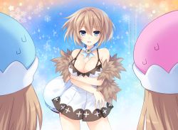 Rule 34 | 10s, 3girls, alternate breast size, bare shoulders, blanc (neptunia), blue eyes, blush, breasts, brown hair, cleavage, dress, female focus, game cg, happy, hat, highres, holding, holding clothes, holding hat, large breasts, lens flare, looking at viewer, multiple girls, neck ribbon, neptune (series), open mouth, ram (neptunia), ribbon, rom (neptunia), shin jigen game neptune vii, short hair, siblings, sisters, skirt, smile, snowflakes, sparkle, sweatdrop, tsunako, twins, unworn hat, unworn headwear