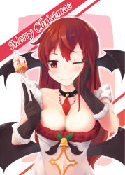 Rule 34 | 1girl, ;), alternate costume, amekosame, bat wings, bell, black gloves, breasts, cake, christmas, cleavage, collar, eating, female focus, food, food on face, fork, fur trim, gloves, hand on own cheek, hand on own face, head wings, koakuma, large breasts, long hair, looking at viewer, low wings, merry christmas, multiple wings, navel, one eye closed, red eyes, red hair, see-through, smile, solo, touhou, upper body, wings