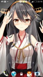 Rule 34 | 10s, 1girl, against glass, bad id, bad twitter id, bare shoulders, blush, breasts, brown eyes, detached sleeves, grey hair, hair ornament, hairband, hairclip, haruna (kancolle), headgear, kantai collection, long hair, looking at viewer, medium breasts, nontraditional miko, fake phone screenshot, pleated skirt, red skirt, ribbon-trimmed sleeves, ribbon trim, rin yuu, skirt, solo, tears, upper body