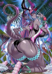 Rule 34 | 1girl, armpits, ass, ass focus, back, beach, blue hair, blue sky, bracelet, breasts, curvy, dark skin, fate/grand order, fate (series), full body, highleg, highleg swimsuit, honjou raita, horns, huge ass, ibuki douji (fate), ibuki douji (swimsuit berserker) (fate), ibuki douji (swimsuit berserker) (first ascension) (fate), jewelry, kneeling, large breasts, long hair, looking at viewer, monster girl, nail polish, one-piece swimsuit, oni horns, revealing clothes, shiny skin, sideboob, sky, solo, sportswear, summer, sweat, swimsuit, tail, very long hair, wet, whistle, wide hips