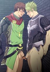 Rule 34 | 2boys, achilles (fate), against wall, armor, blonde hair, blush, bottomless, brown hair, censored, facial hair, fate (series), frottage, grin, hector (fate), highres, izukonohito, male focus, multiple boys, naughty face, penis, pubic hair, smile, sweat, testicles, yaoi