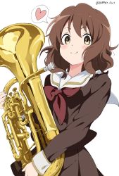 Rule 34 | 1girl, absurdres, artist name, blush, brown eyes, brown hair, brown shirt, brown skirt, closed mouth, euphonium, heart, hibike! euphonium, highres, holding, holding instrument, instrument, kitauji high school uniform, long sleeves, looking at viewer, neckerchief, oumae kumiko, pleated skirt, red neckerchief, sailor collar, school uniform, serafuku, shirt, short hair, signature, simple background, skirt, smile, solo, speech bubble, standing, white background, white gorilla (okamoto), white sailor collar