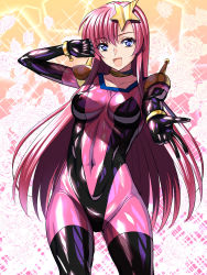 Rule 34 | 1girl, bodysuit, breasts, cosplay, covered navel, g gundam, gundam, gundam seed, gundam seed destiny, hair ornament, highres, impossible bodysuit, impossible clothes, latex, latex bodysuit, long hair, medium breasts, meer campbell, mobile trace suit, multicolored bodysuit, multicolored clothes, pink bodysuit, rain mikamura, rain mikamura (cosplay), sen (sansui), shiny clothes, shiny skin, skin tight, solo, star (symbol), star hair ornament
