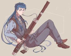 Rule 34 | 1boy, bassoon, blue hair, collared shirt, cu chulainn (fate), cu chulainn (caster) (fate), dress shoes, earrings, fate/grand order, fate (series), full body, instrument, jewelry, cu chulainn (fate/stay night), long hair, male focus, music, pants, playing instrument, red eyes, shirt, solo, spiked hair, tozakuro s, type-moon, vest