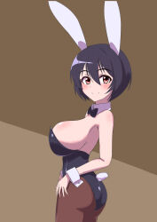 Rule 34 | 1girl, animal ears, ass, black bow, black bowtie, black hair, black leotard, blush, bow, bowtie, brave witches, breasts, brown background, brown pantyhose, closed mouth, highres, large breasts, leotard, looking at viewer, pantyhose, playboy bunny, rabbit ears, rabbit tail, red eyes, shimohara sadako, short hair, simple background, smile, solo, t-8000, world witches series
