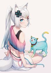 Rule 34 | 1girl, animal, animal ear fluff, animal ears, bare shoulders, blue eyes, cat, clothing cutout, crop top, d-pad, d-pad hair ornament, fox ears, fox girl, fox tail, from side, gradient clothes, gradient hair, hair ornament, hairclip, highres, illian-san, lanmewko, long hair, looking at viewer, looking to the side, meridian project, midriff, miniskirt, mizuki (vtuber), multicolored hair, off shoulder, parted lips, pink shirt, ponytail, shirt, short sleeves, side-tie shirt, sitting, skirt, smile, solo, swept bangs, tail, tail through clothes, tank top, thighs, undershirt, virtual youtuber, white hair, white skirt