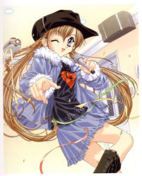 Rule 34 | 00s, 1girl, ;d, boots, braid, brown hair, confetti, frilled skirt, frills, fur trim, hat, heart, heart print, highres, holding, holding microphone, indoors, jacket, long hair, long sleeves, looking at viewer, microphone, one eye closed, open mouth, pointing, pointing at viewer, purple eyes, sakuya (sister princess), scan, sister princess, skirt, smile, solo, tenhiro naoto, twintails, wink