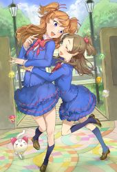 Rule 34 | 10s, 2girls, :d, black socks, blue eyes, blue shirt, bow, brown hair, cat, cloud, day, dory, dress, fary, full body, green eyes, half updo, happy, highres, houjou hibiki, hug, hug from behind, hummy (suite precure), kneehighs, loafers, long hair, mikurou (cydmcr), mikurou (nayuta), minamino kanada, minamino kanade, miry, multiple girls, one eye closed, open mouth, outdoors, precure, rery, ribbon, school uniform, shirt, shoes, short twintails, sky, smile, socks, sory, suite precure, tree, twintails, two side up, wink