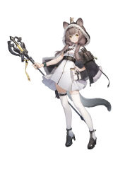 Rule 34 | 1girl, absurdres, animal, animal ears, animal on head, arknights, black capelet, black footwear, breasts, brown eyes, brown hair, capelet, closed mouth, commentary request, dress, ears through headwear, fur-trimmed capelet, fur-trimmed hood, fur trim, hair over shoulder, high heels, highres, holding, holding staff, honeyberry (arknights), hongshao erduo, hood, hood up, hooded capelet, long hair, low twintails, on head, shoes, simple background, small breasts, smile, solo, staff, standing, tail, thighhighs, twintails, white background, white dress, white thighhighs