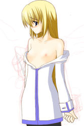 Rule 34 | 00s, 1girl, blonde hair, blush, breasts, colette brunel, flat chest, long hair, looking away, nipples, open clothes, open shirt, pantyhose, shirt, small breasts, solo, tales of (series), tales of symphonia, undressing