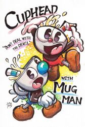 Rule 34 | 2boys, big nose, black eyes, black shirt, blue nose, blue pants, brothers, brown footwear, character name, child, clenched hand, commentary request, copyright name, cup, cuphead, cuphead (game), drinking straw, english text, gloves, highres, jumping, long sleeves, looking at viewer, mugman, multiple boys, open mouth, outstretched arms, pac-man eyes, pants, red nose, red shorts, shirt, shoes, shorts, siblings, signature, smile, splashing, toon (style), water, water drop, white background, white gloves, yamato koara