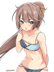 Rule 34 | 1girl, blue eyes, blue panties, blush, brown hair, collarbone, groin, highres, kantai collection, kazagumo (kancolle), long hair, navel, open mouth, panties, ponytail, simple background, solo, striped clothes, striped panties, takase muh, twitter username, underwear, upper body, white background