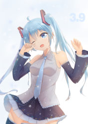 Rule 34 | 1girl, 39, arm up, bad id, bad pixiv id, black thighhighs, blue eyes, blue hair, boots, breasts, cowboy shot, detached sleeves, glint, hatsune miku, highres, long hair, looking at viewer, matching hair/eyes, miniskirt, necktie, one eye closed, open mouth, pleated skirt, skirt, sleeveless, smile, snowing, solo, tears, thigh boots, thighhighs, tie clip, twintails, upper body, viiker zhu, vocaloid, white background, wiping tears, zettai ryouiki