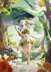 Rule 34 | 1girl, cross-shaped pupils, day, dress, floating hair, flower, forest, genshin impact, highres, holding, holding leaf, leaf, leg up, long hair, looking at viewer, nahida (genshin impact), nature, outdoors, plant, smile, standing, standing on one leg, stirrup legwear, symbol-shaped pupils, thighs, toeless legwear, tree, white hair, yeurei