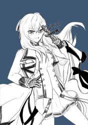 Rule 34 | 1girl, 2017, artist name, blue theme, dated, eyebrows, girls&#039; frontline, gloves, hair between eyes, hair ornament, hairclip, hand on own hip, iws 2000 (girls&#039; frontline), long hair, looking at viewer, madcore, monochrome, salute, skirt, smile, solo, very long hair