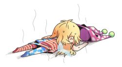 Rule 34 | 1girl, american flag dress, american flag legwear, american flag shirt, bad id, bad twitter id, blonde hair, clownpiece, commentary request, fairy wings, hat, hot, jester cap, long hair, lying, no shoes, on stomach, ori (yellow duckling), pantyhose, polka dot headwear, purple hat, short sleeves, simple background, solo, striped clothes, striped pantyhose, sweat, touhou, unworn hat, unworn headwear, white background, wings