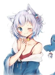 Rule 34 | 1girl, ;3, animal ear fluff, animal ears, bell, bloop (gawr gura), blue eyes, blue hair, blue hoodie, blush, cat ears, closed mouth, collarbone, finger to cheek, fins, fish tail, gawr gura, highres, hololive, hololive english, hood, hood down, hoodie, index finger raised, jingle bell, kemonomimi mode, long sleeves, looking at viewer, multicolored hair, off shoulder, one eye closed, seboneko, shark tail, short hair, silver hair, simple background, single bare shoulder, streaked hair, tail, upper body, virtual youtuber, white background, wide sleeves