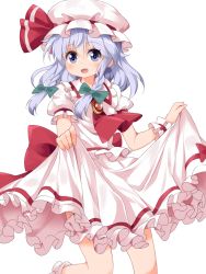 Rule 34 | 1girl, :d, ascot, blue eyes, bow, braid, brooch, cosplay, frilled skirt, frills, hair bow, hat, hat ribbon, izayoi sakuya, jewelry, long hair, looking at viewer, mob cap, open mouth, puffy short sleeves, puffy sleeves, remilia scarlet, remilia scarlet (cosplay), ribbon, ruu (tksymkw), short sleeves, silver hair, simple background, skirt, skirt hold, skirt set, smile, solo, touhou, twin braids, white background, white skirt, wrist cuffs