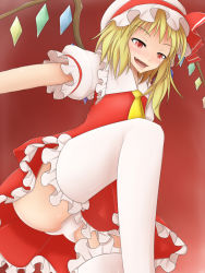 Rule 34 | 1girl, blonde hair, dress, female focus, flandre scarlet, frilled thighhighs, frills, fukuro (claw), gradient background, hat, mob cap, panties, pantyshot, red background, red eyes, solo, thighhighs, touhou, um a, underwear, white hat, white panties, white thighhighs, wings