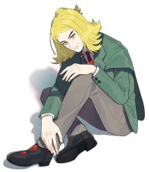 Rule 34 | 1boy, black footwear, blonde hair, buttons, collared shirt, commentary request, creatures (company), flipped hair, full body, game freak, green jacket, hassel (pokemon), highres, jacket, long sleeves, male focus, medium hair, necktie, nintendo, pants, parted bangs, parted lips, pokemon, pokemon sv, red necktie, shirt, shiruku (gp oro8), shoes, sitting, solo, white background, white shirt, yellow eyes