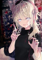 Rule 34 | 1girl, animal ears, black dress, black headwear, blonde hair, blood, blood on face, blue eyes, blurry, blurry background, blush, bow, claw pose, commentary request, dress, ear ribbon, hair over shoulder, hair ribbon, highres, holding, holding syringe, long hair, muon, nail polish, original, pink nails, plant, ribbon, short sleeves, sidelocks, smile, solo, syringe, tail, tongue, tongue out, turtleneck, turtleneck dress, upper body